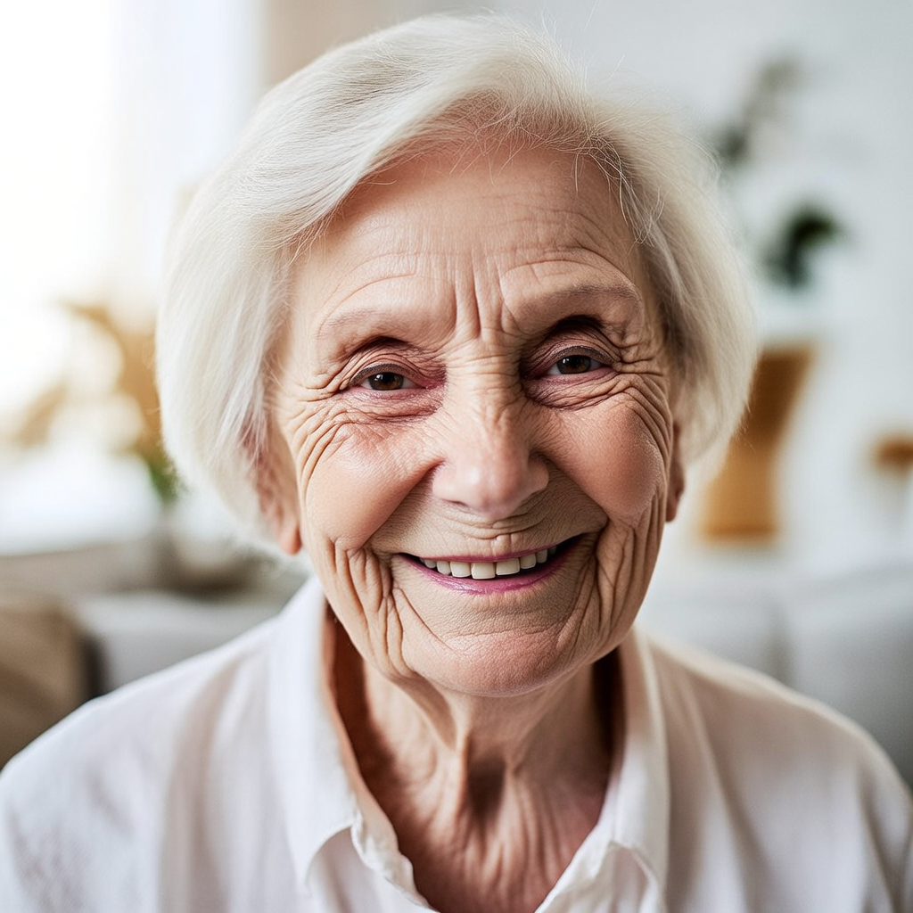 An elderly woman in her 80s with deep wrinkles and white hai