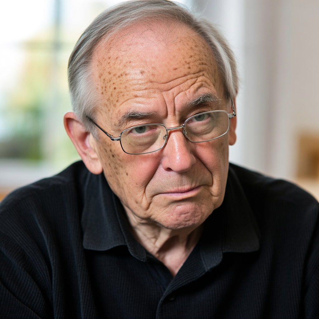 An elderly man in his 70s with age spots and thinning gray h