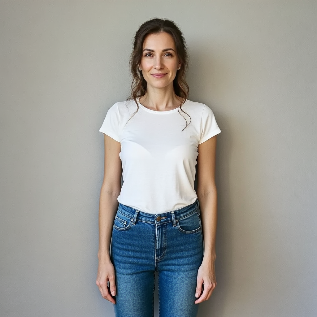 A woman standing upright in a relaxed pose, arms at her side
