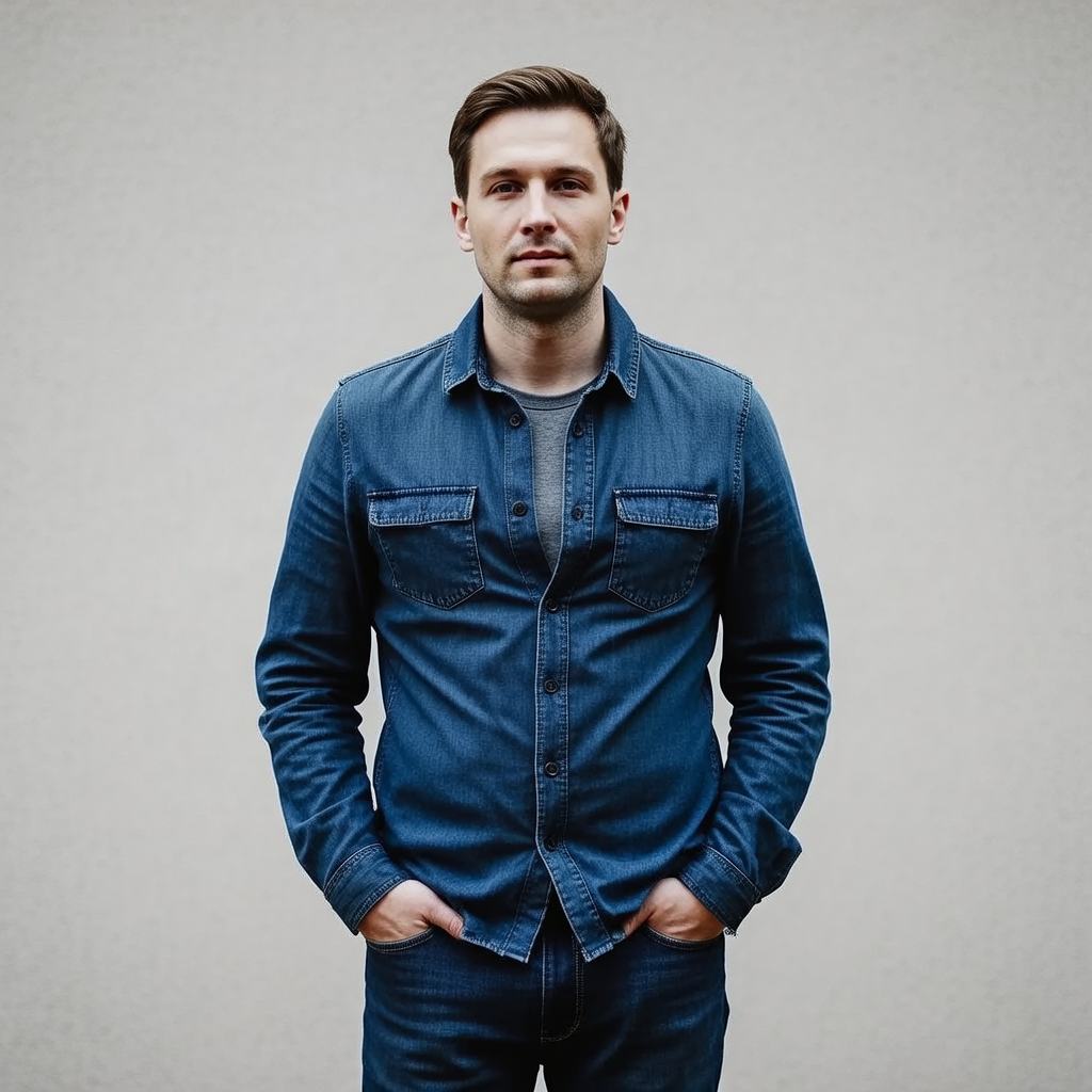 A man standing straight facing the camera, hands in pockets,