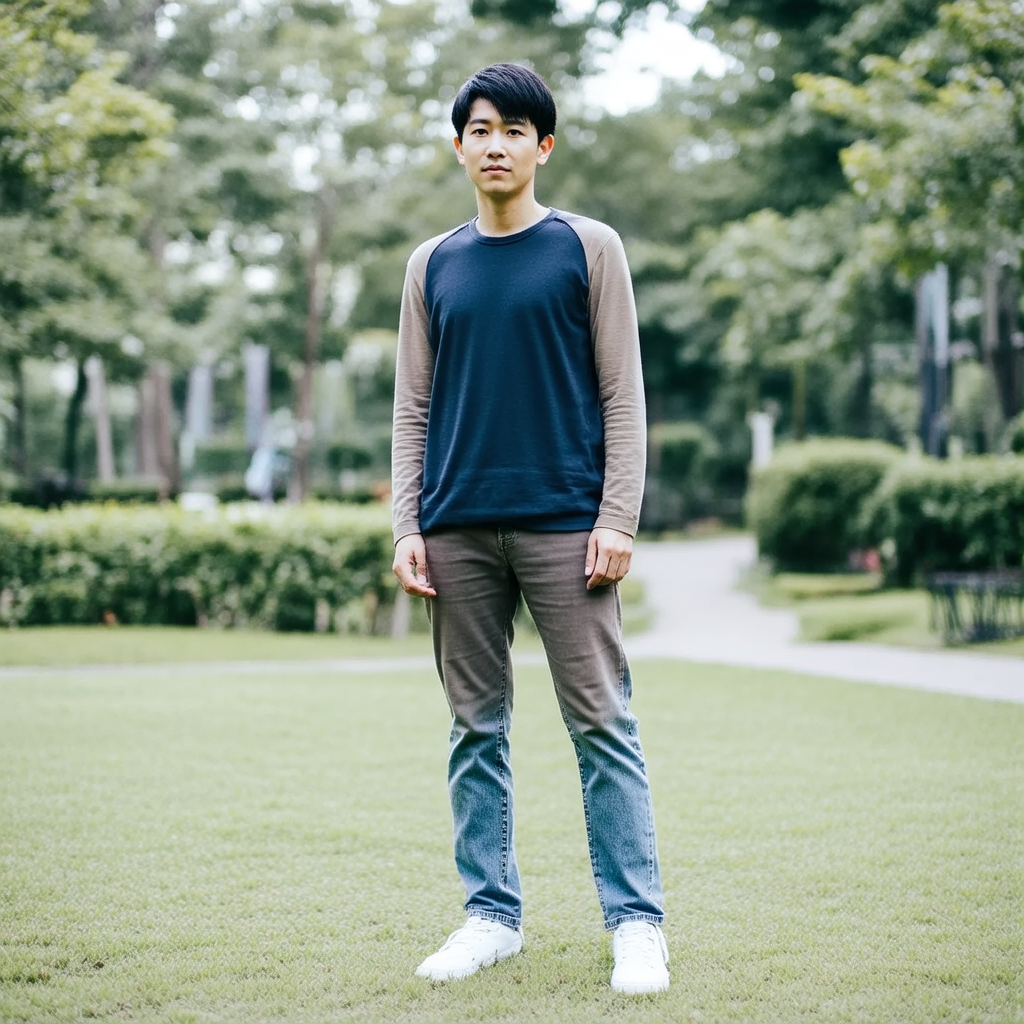 A person standing in a neutral pose in a park, full body vis