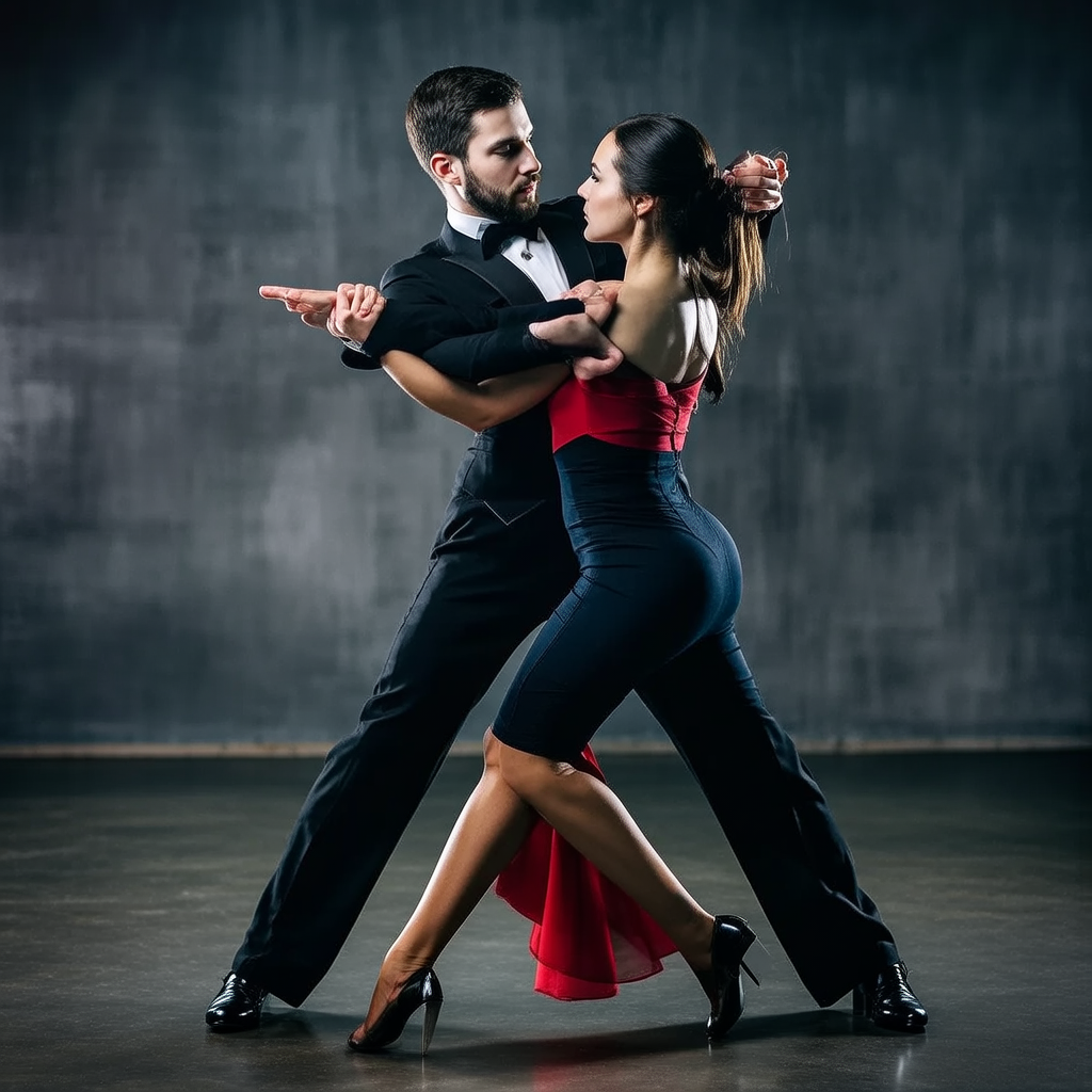 Two tango dancers in a close embrace, the man dipping the wo