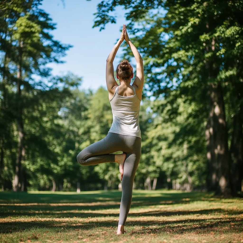 A person in a yoga tree pose — standing on one leg with the 