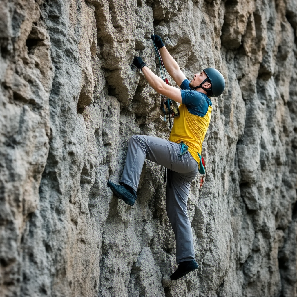 A rock climber clinging to a cliff face with arms and legs e