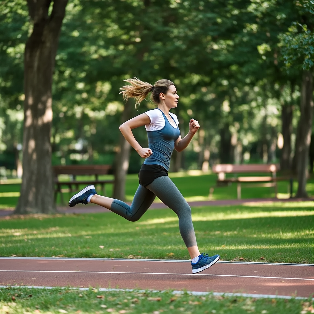A woman mid-stride running through a park, hair and clothes 