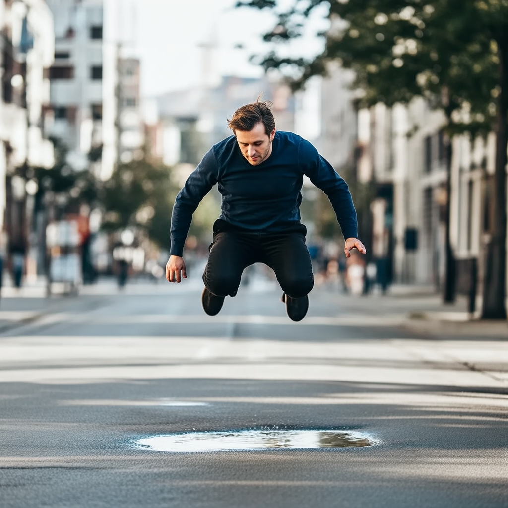 A man captured mid-jump over a puddle, body in the air with 