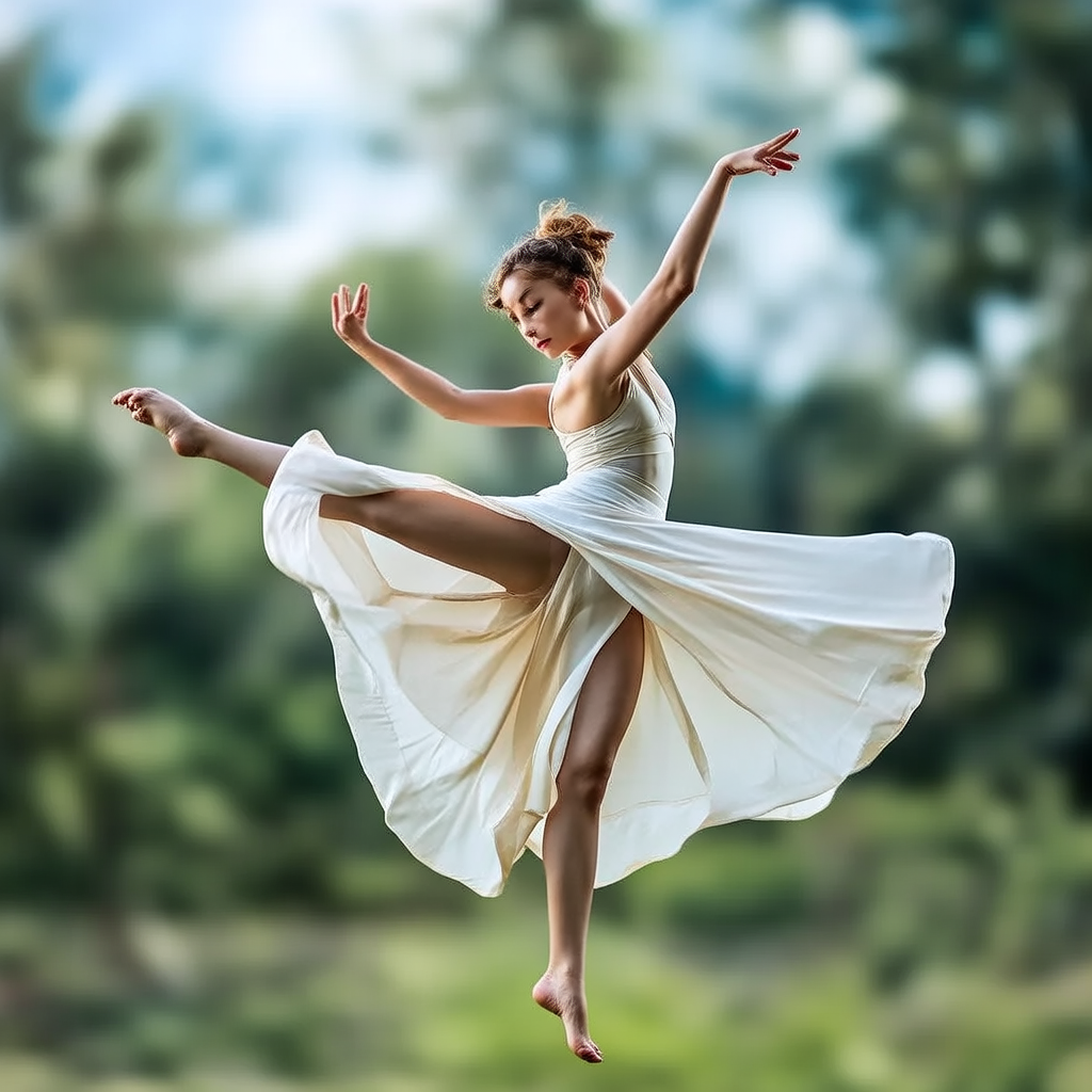 A dancer in a dynamic spin, dress flowing outward with one l
