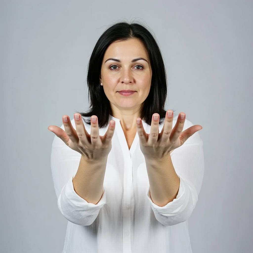 A woman holding her hands out in front of her palms-up, all 