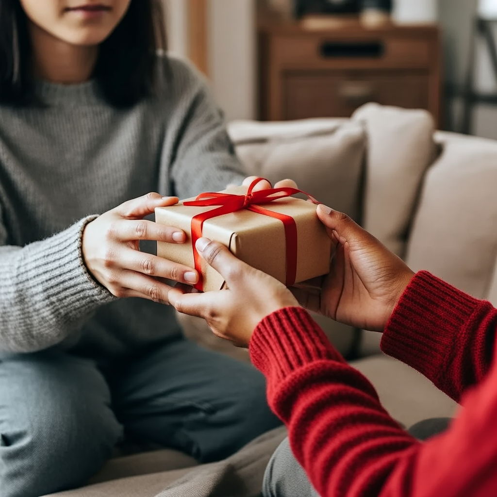 One person handing a small gift box to another person, both 
