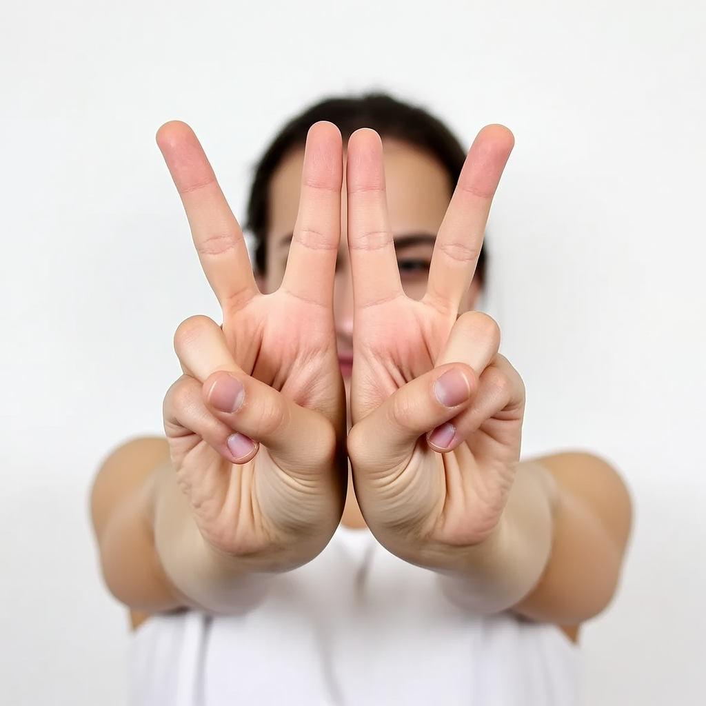 A person making a peace sign with their right hand, clearly 