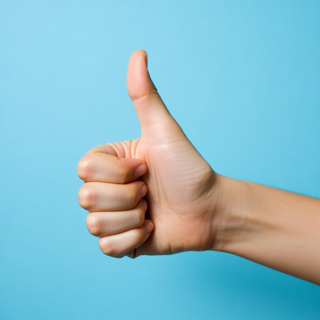 A hand giving a thumbs-up with four fingers curled and thumb