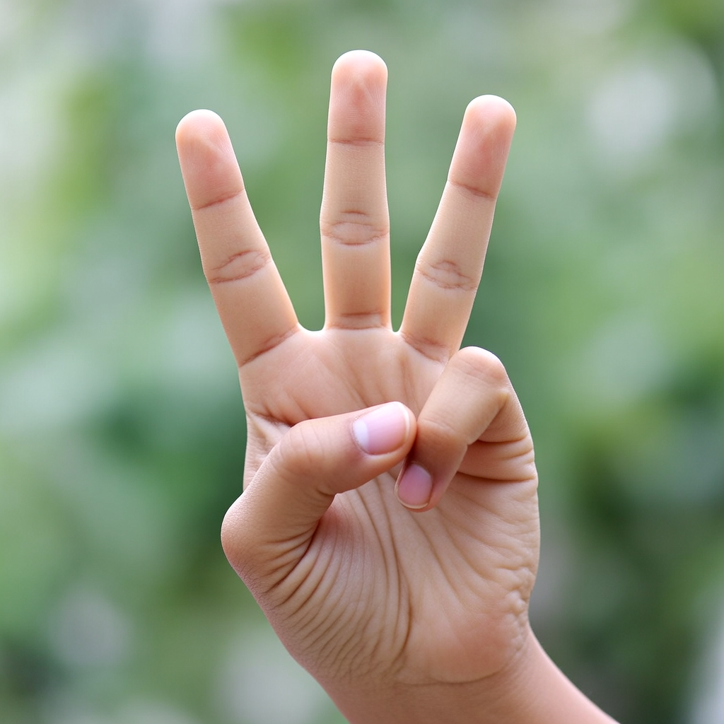 A person counting to three on their fingers, with index, mid