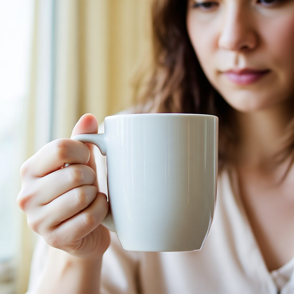 A person holding a white ceramic coffee mug by the handle wi