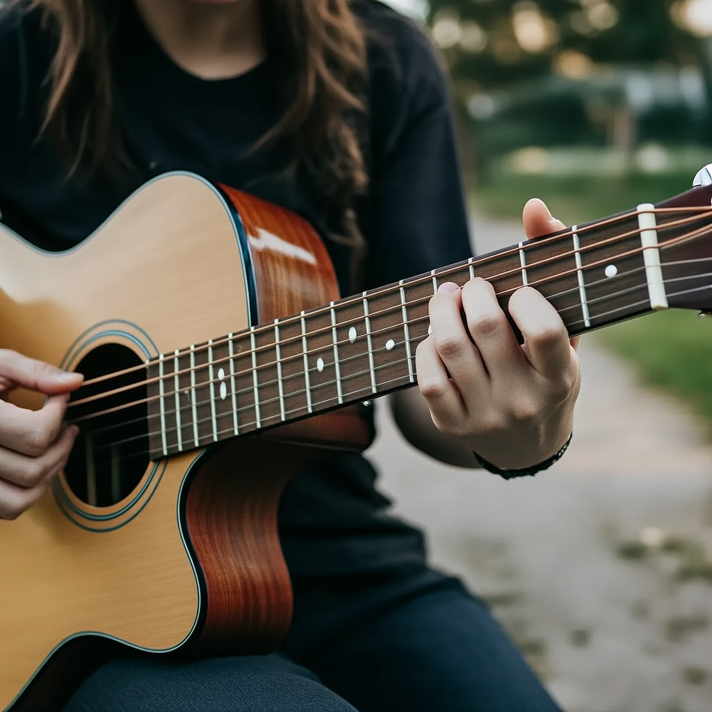 A person playing an acoustic guitar with left hand on the fr