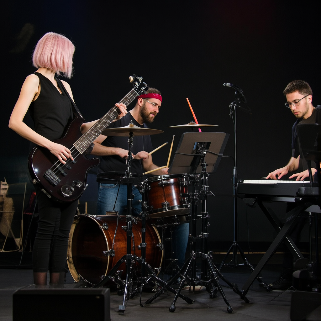 Three musicians on stage: a tall woman with short pink hair 