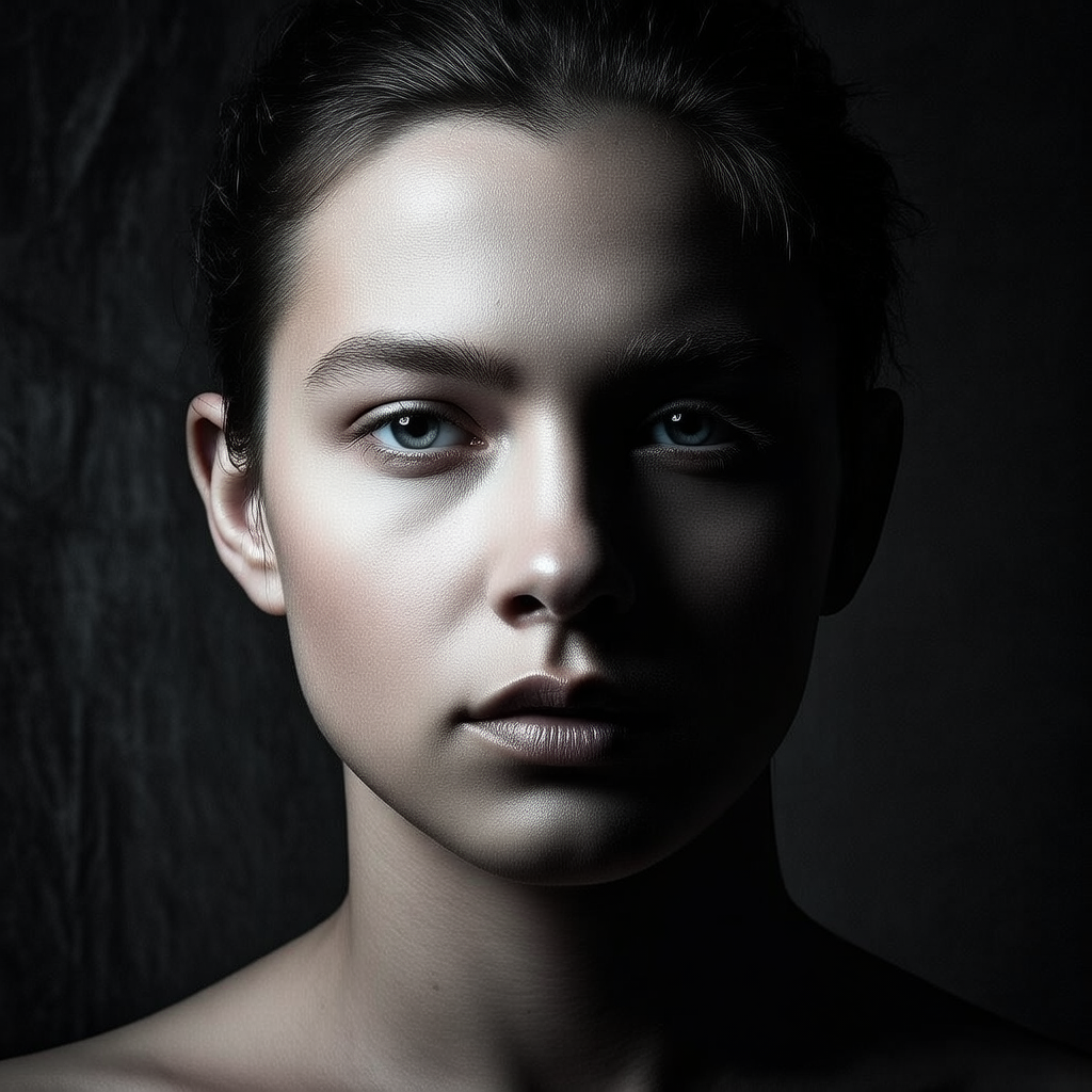 A portrait with dramatic split lighting — half the face brig