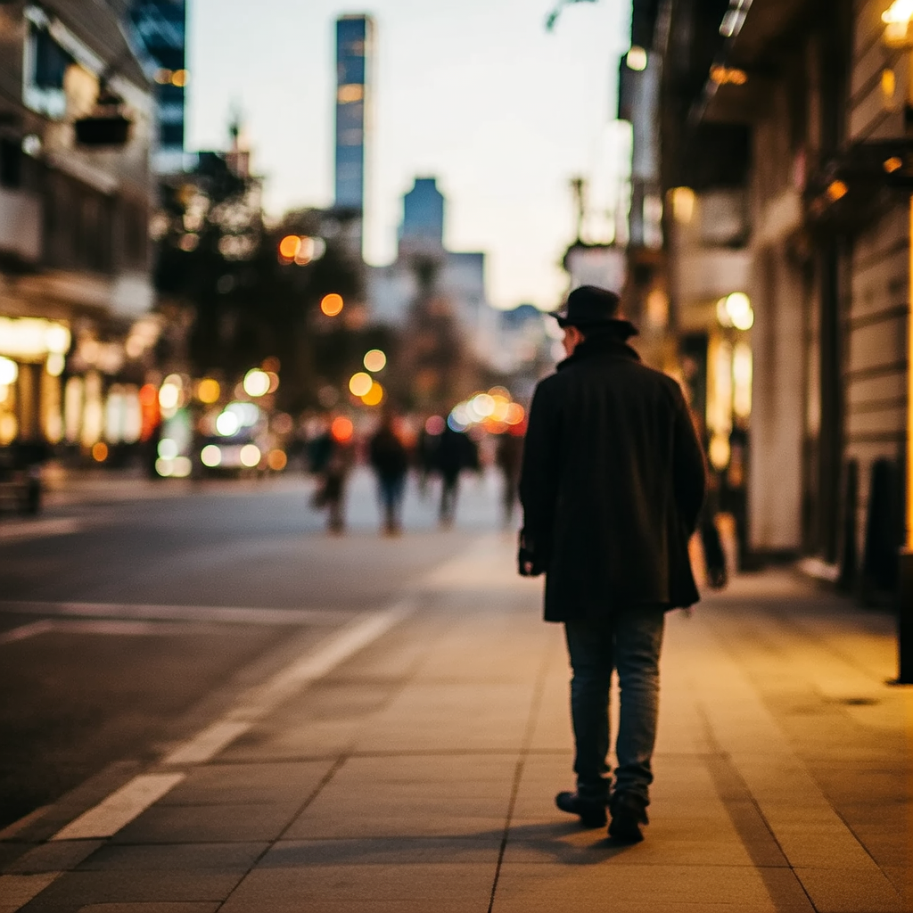 A street photograph with shallow depth of field as if shot a