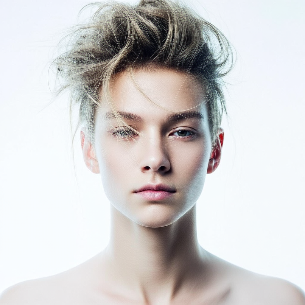 A high-key portrait of a person against a bright white backg