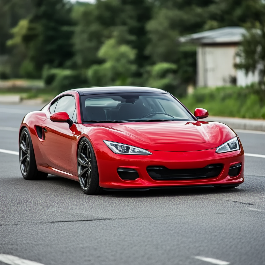 A bright red sports car parked on a gray asphalt road — the 