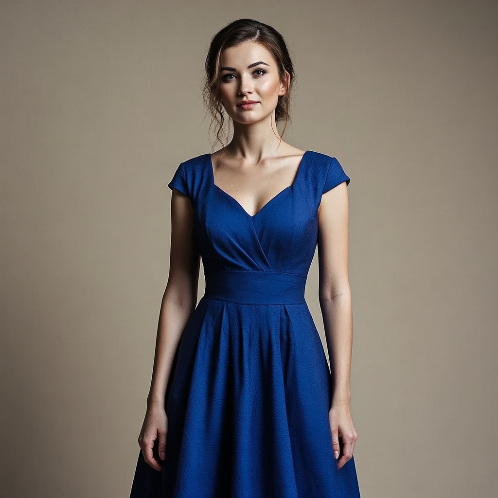 A woman wearing a royal blue evening dress against a neutral