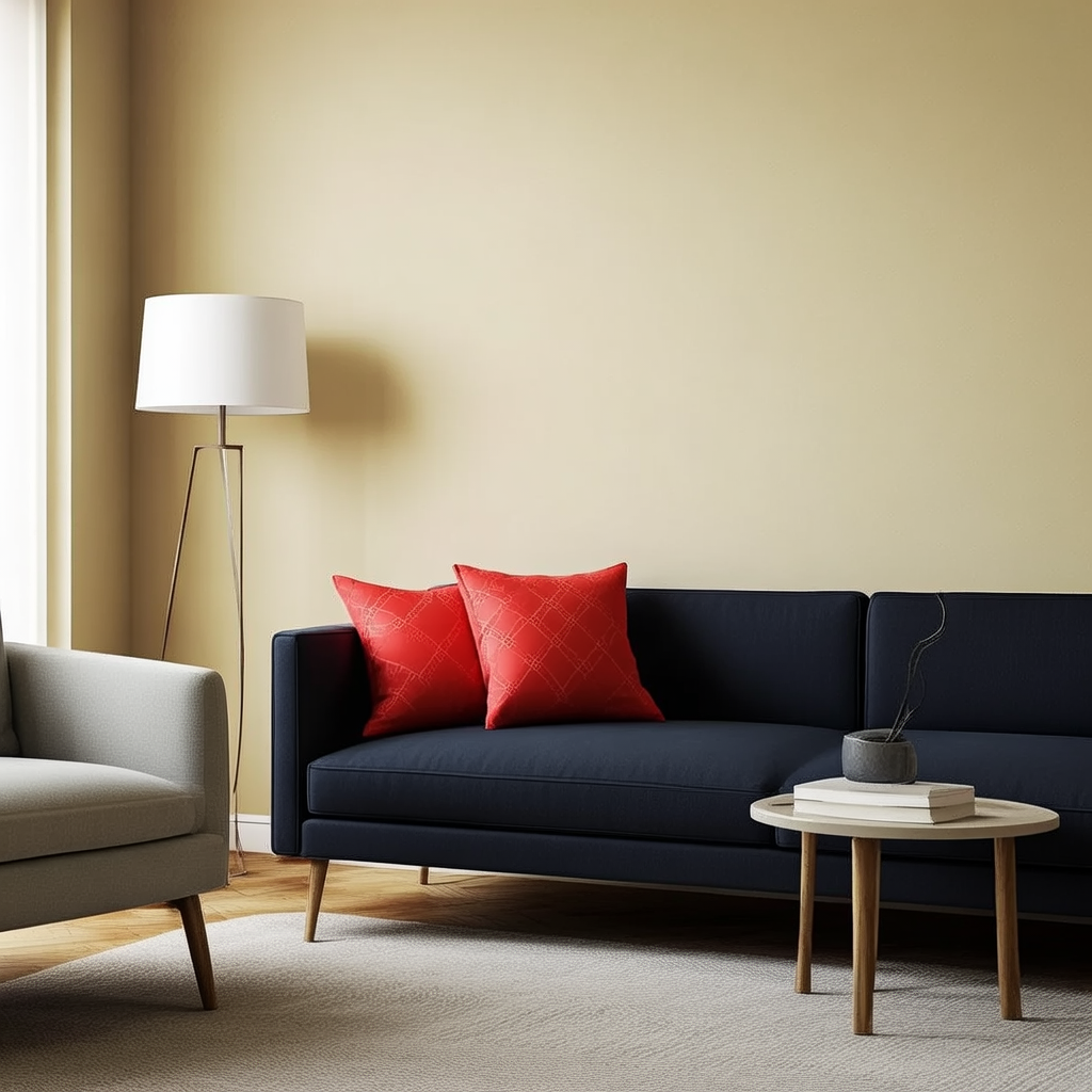 A minimalist room with walls in #F5E6CC (warm cream), a sofa