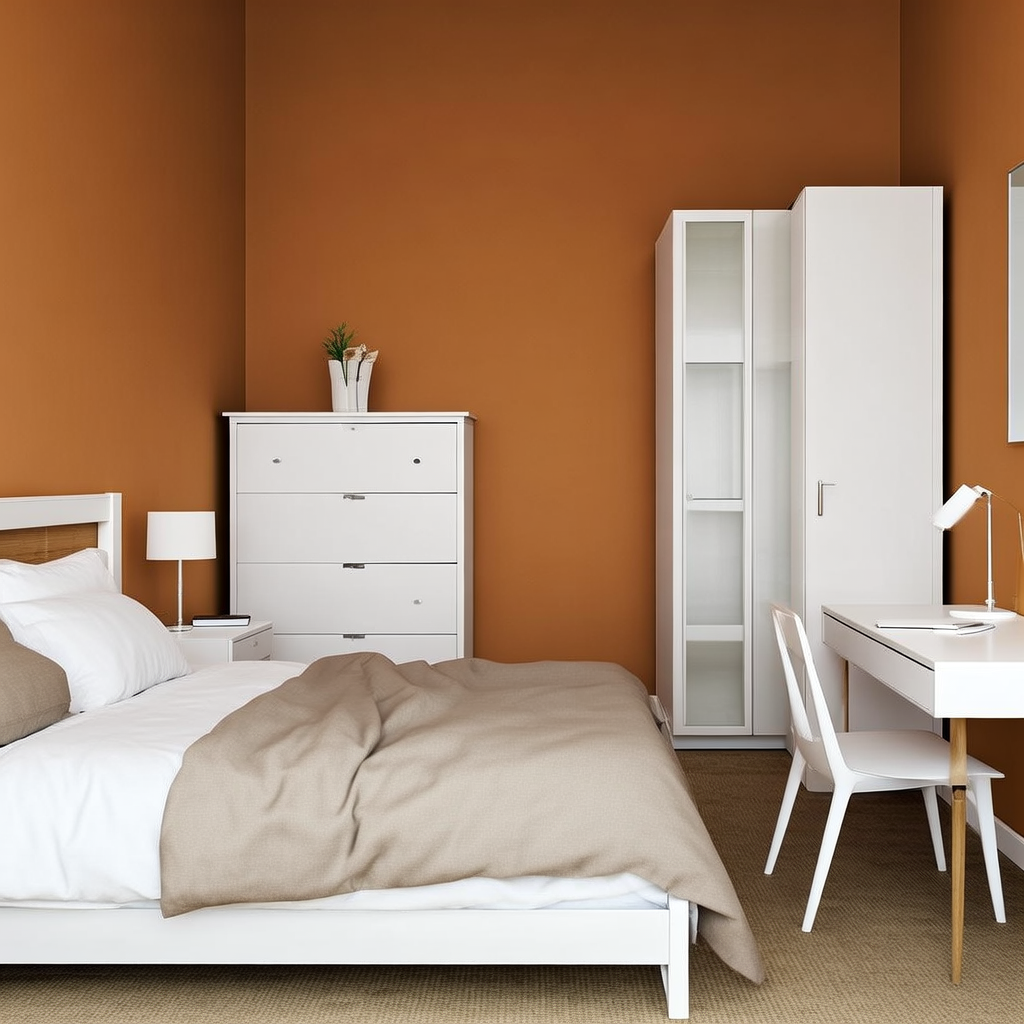 A bedroom wall painted in #FF6B35 (burnt orange) with white 