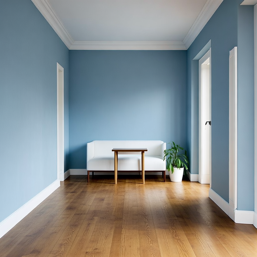 A room with walls in #4A90D9 (medium blue) with warm wooden 