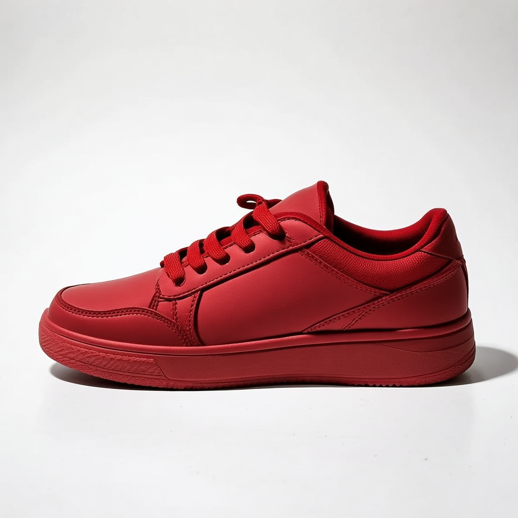 A single red sneaker on a clean white background with soft s