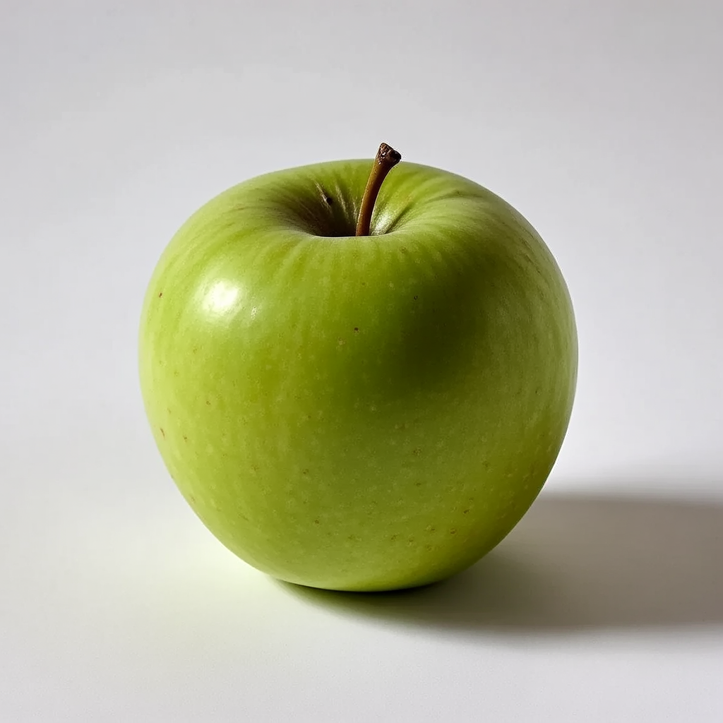 A ripe green apple on a seamless white background with soft 