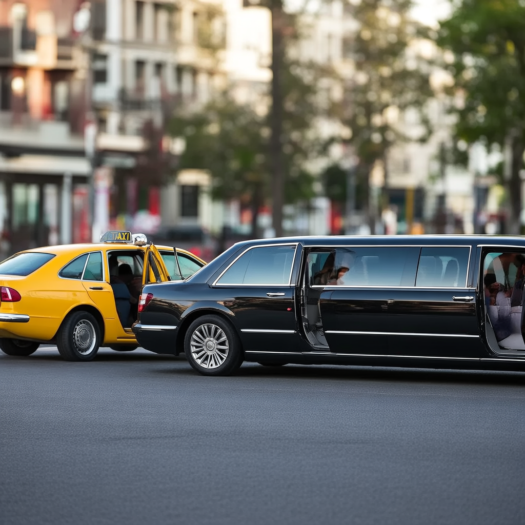 A yellow taxi and a black limousine parked next to each othe