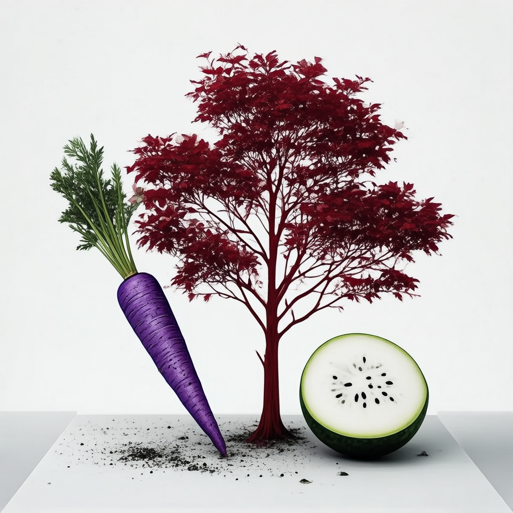 A purple carrot, a red tree with red leaves, and a white wat