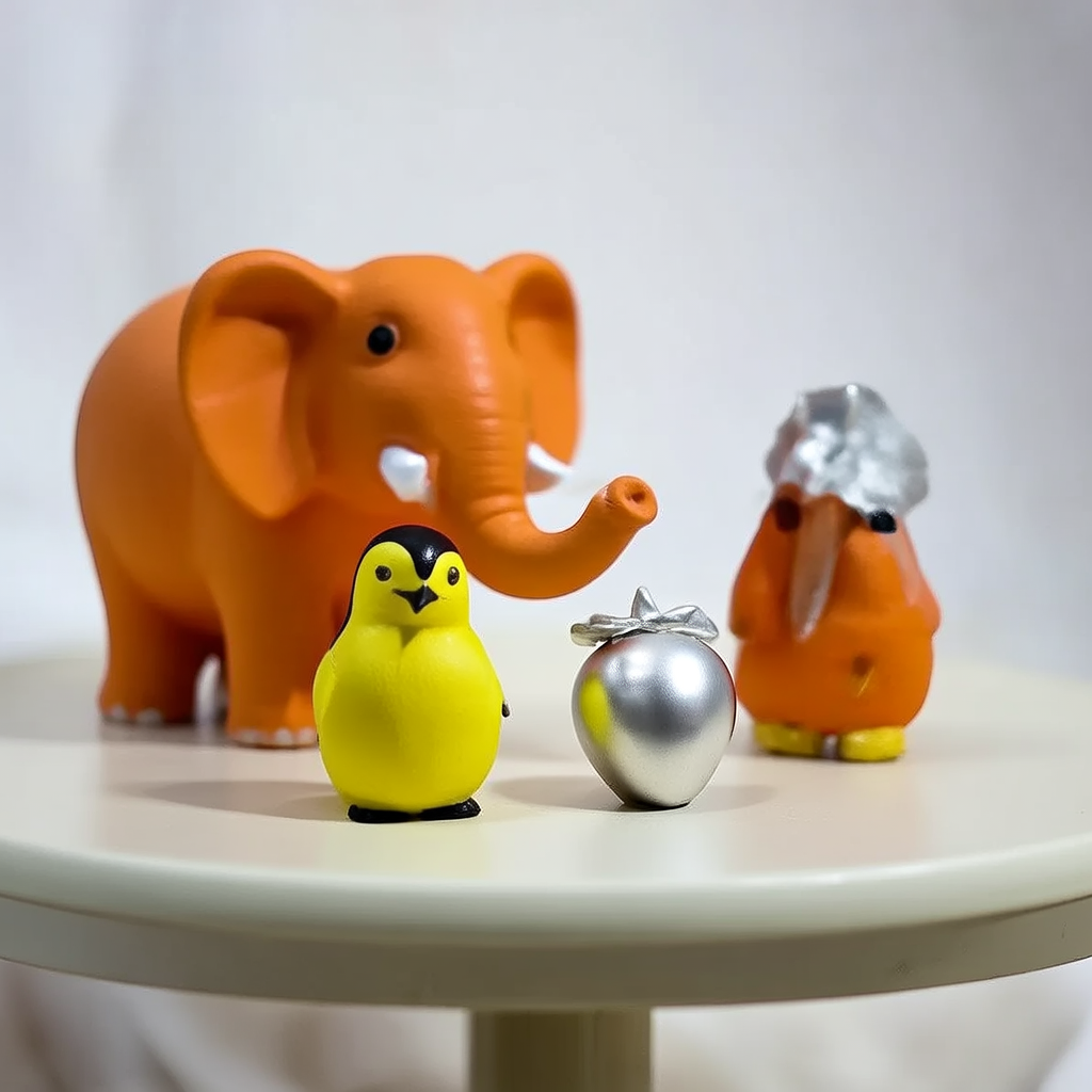 An orange elephant, a yellow penguin, and a silver strawberr