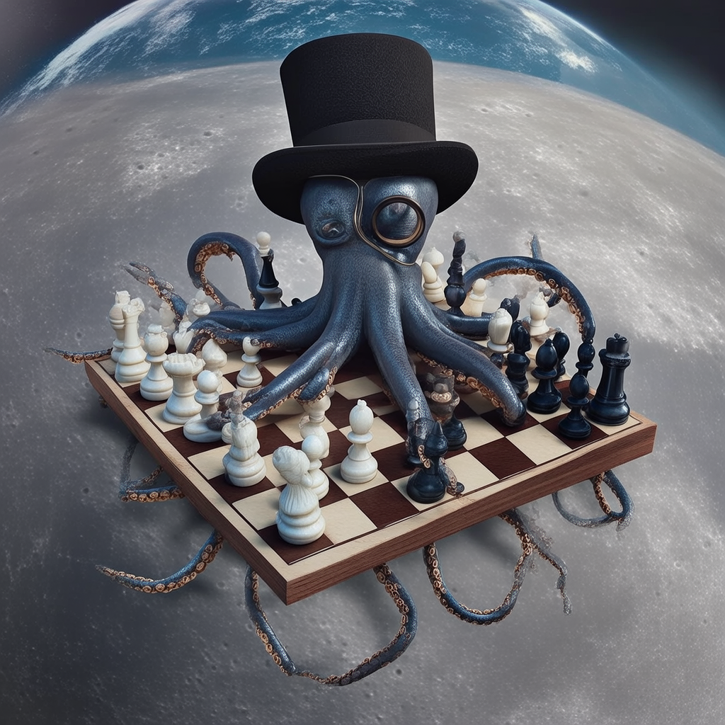 An octopus wearing a top hat and monocle playing chess on th