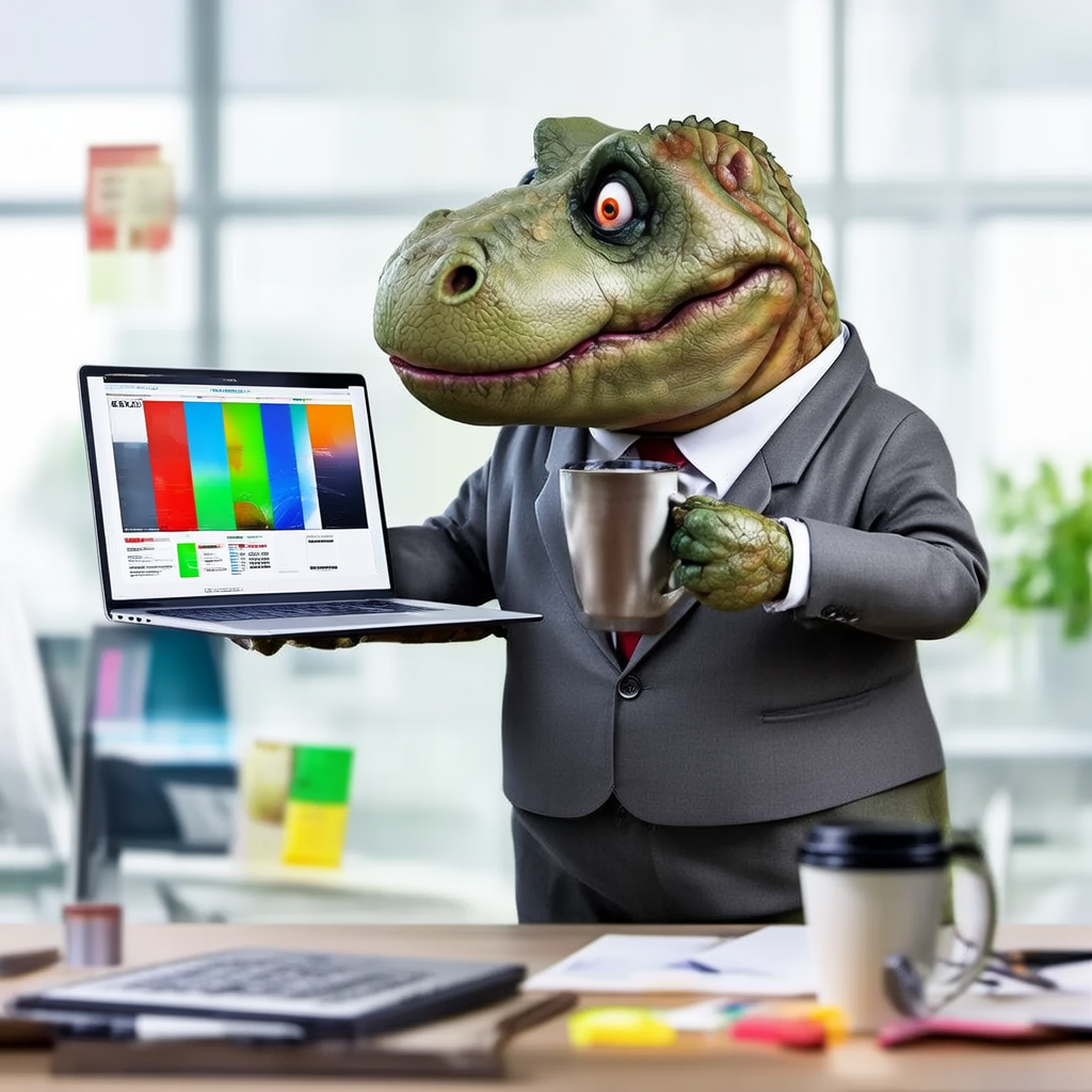 A dinosaur in a business suit giving a PowerPoint presentati