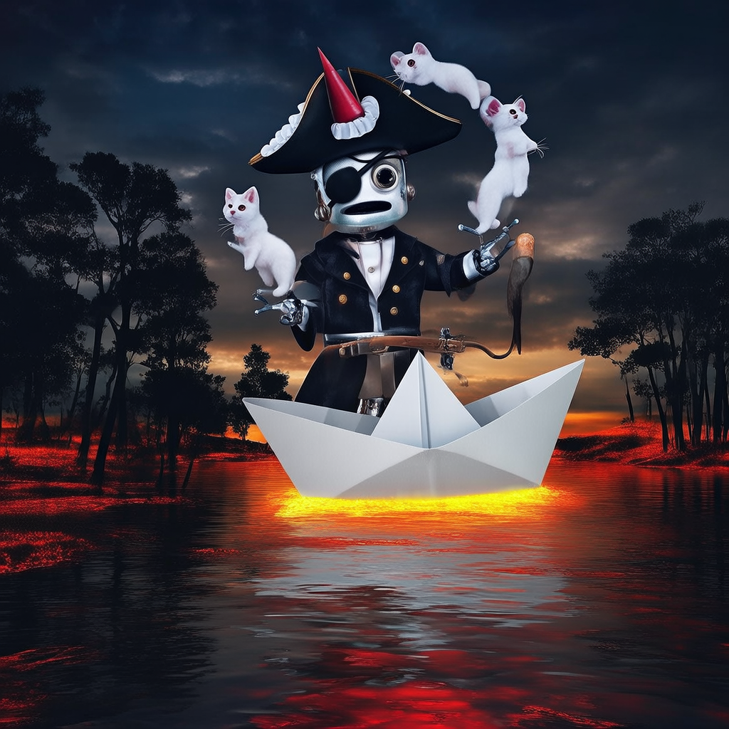 A robot dressed as a pirate sailing a paper boat on a lake o