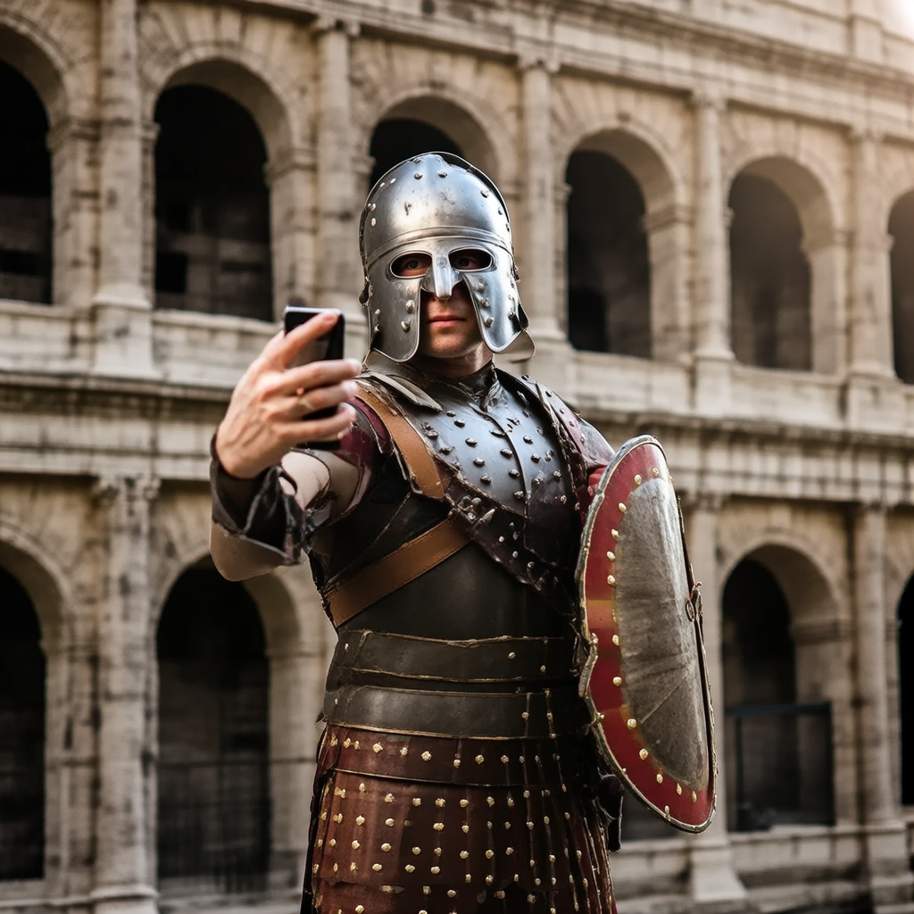 A Roman gladiator taking a selfie with a smartphone in the C