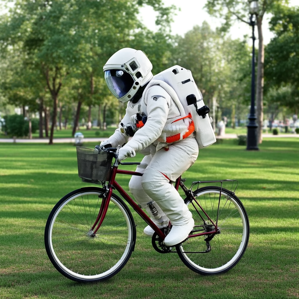 An astronaut in a spacesuit riding a bicycle through a park
