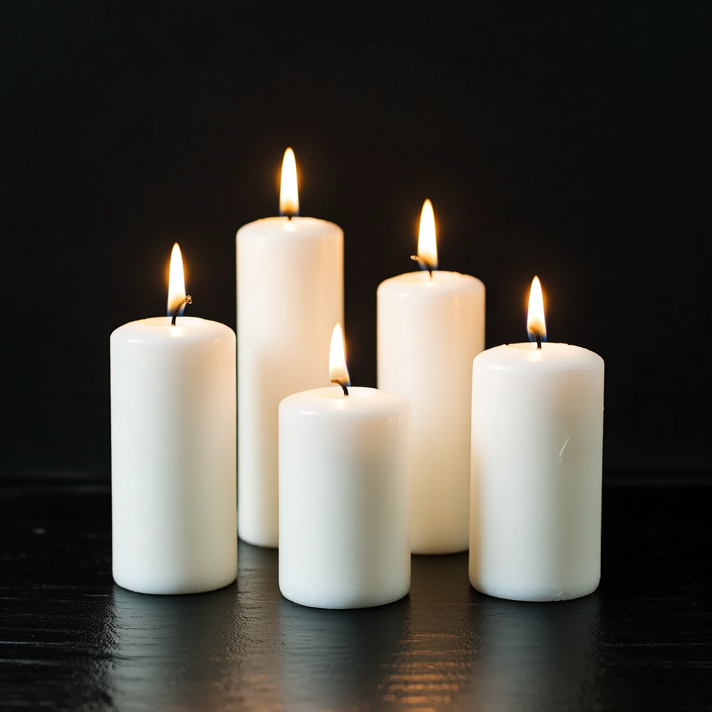 Exactly 4 white candles standing on a dark surface