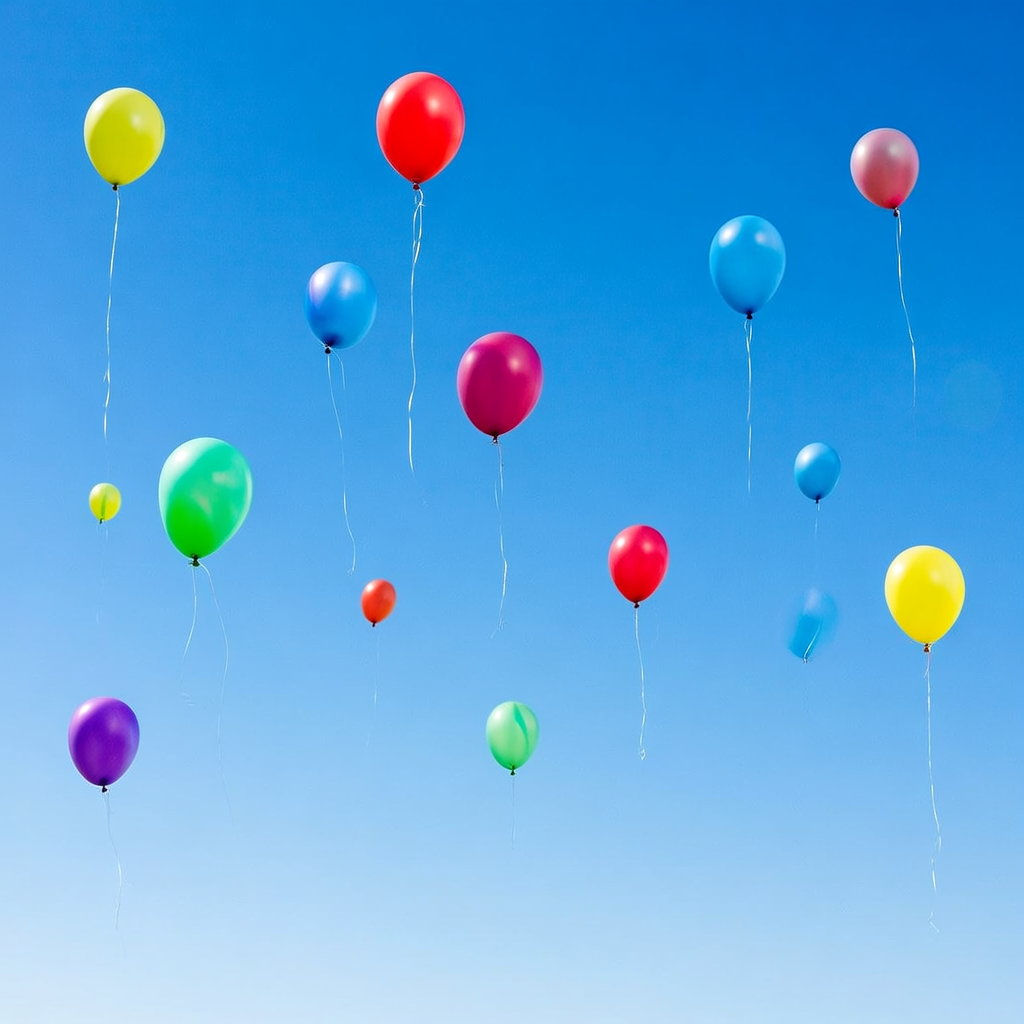 Exactly 11 colorful balloons floating against a clear blue s