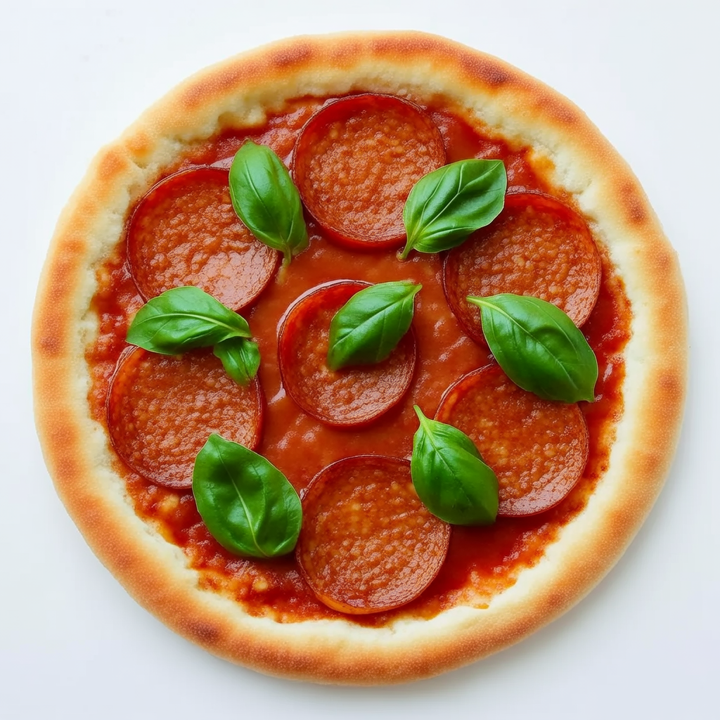 A pepperoni pizza with tomato sauce, basil, and crust but ab