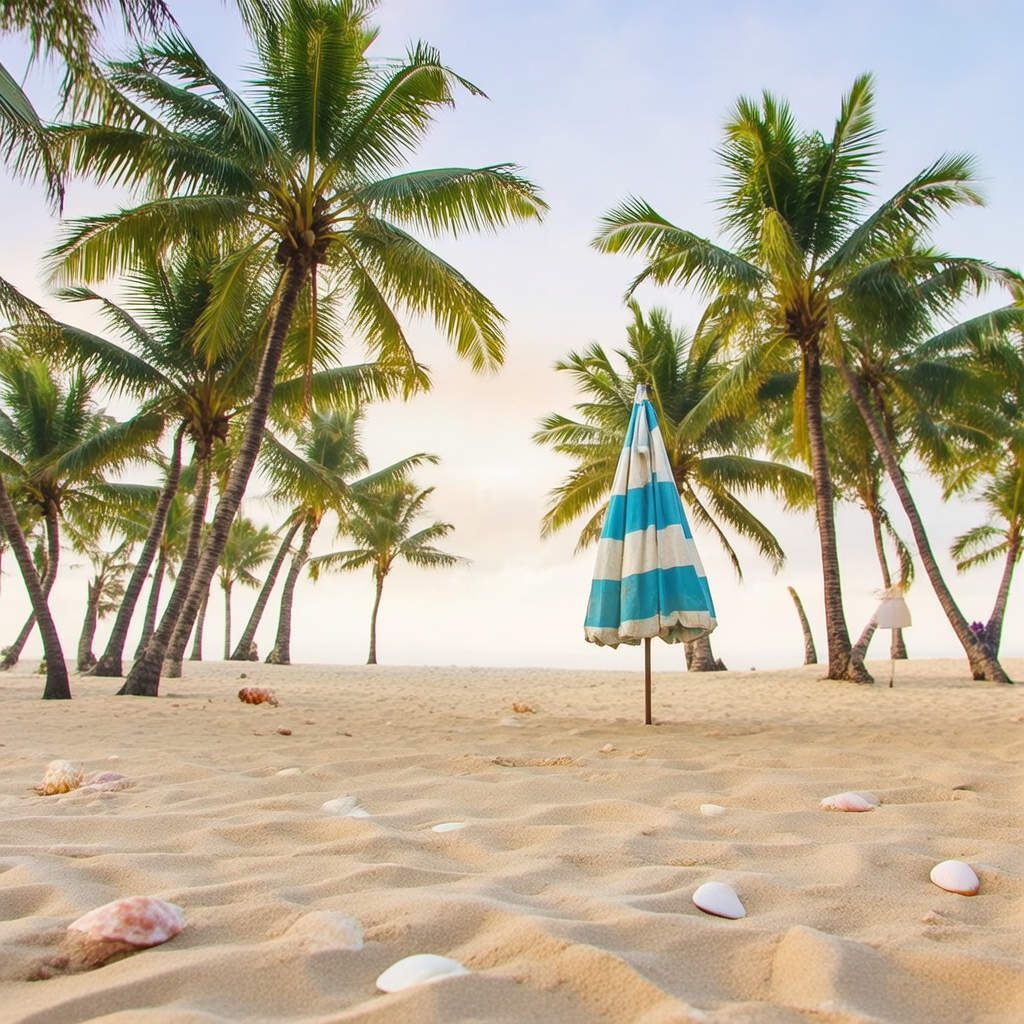 A sandy beach with palm trees, seashells, and a beach umbrel