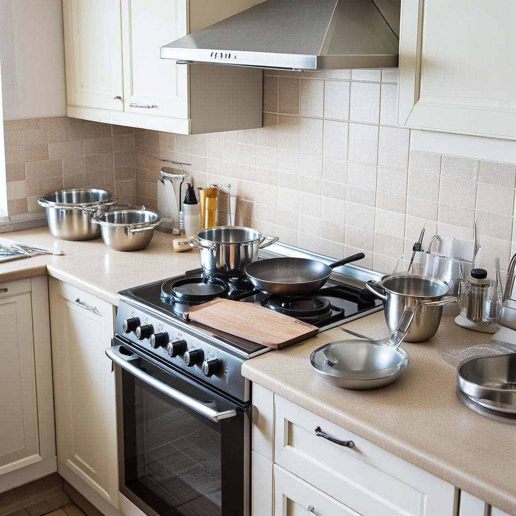 A kitchen with pots, pans, a stove, and a cutting board but 