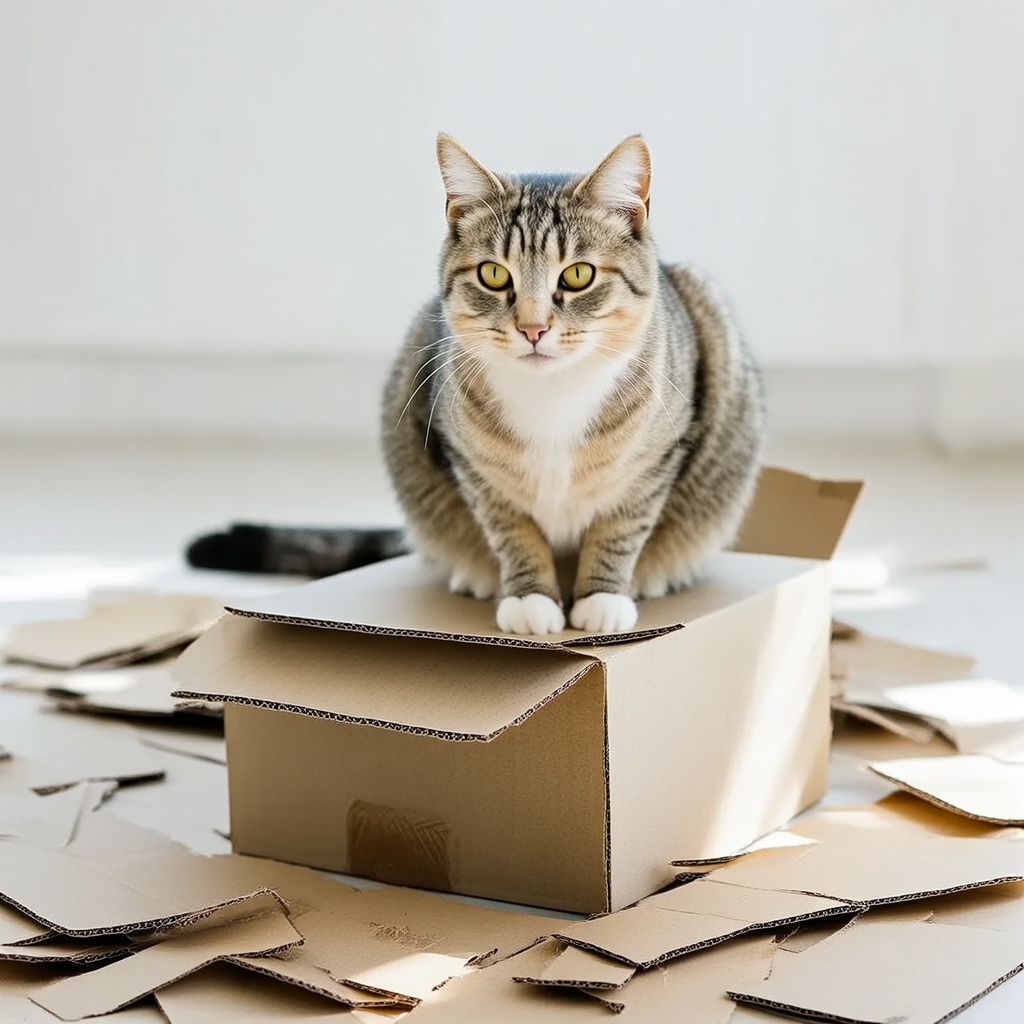 A cat sitting on top of a cardboard box
