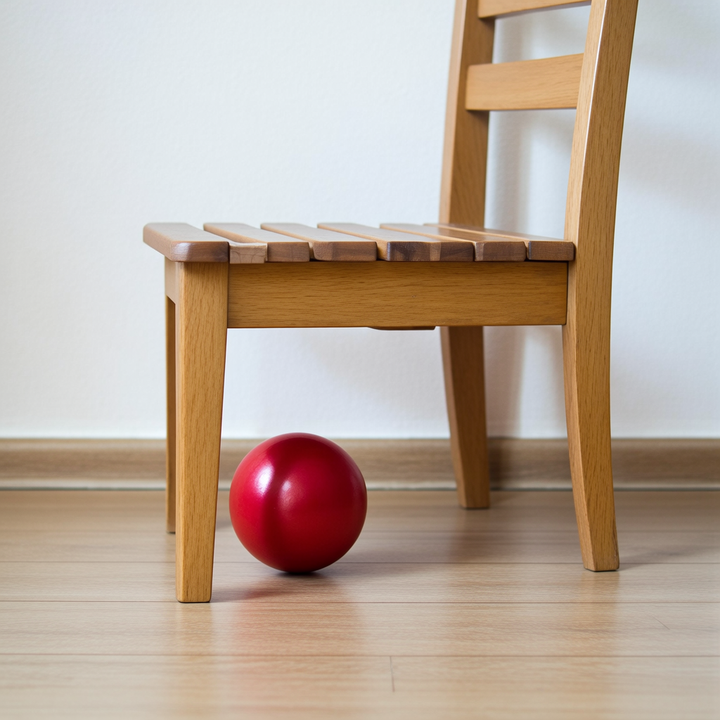 A red ball underneath a wooden chair