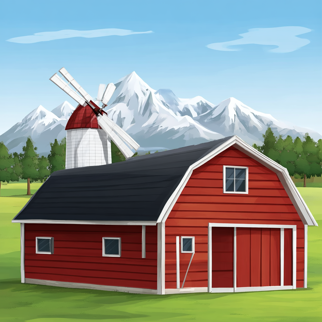 A landscape with a red barn in the foreground at large scale