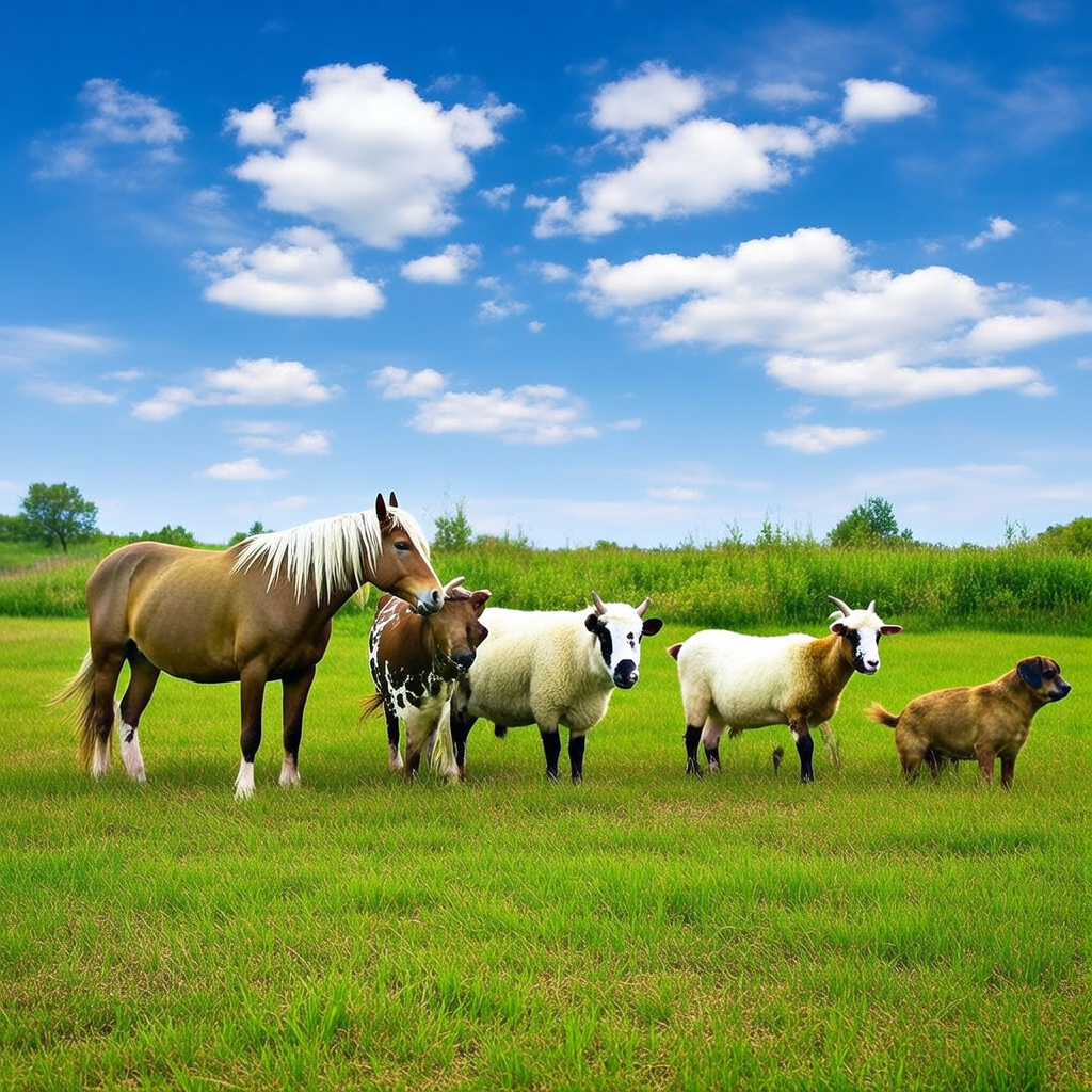Five animals in a field: a horse on the far left, a cow to t
