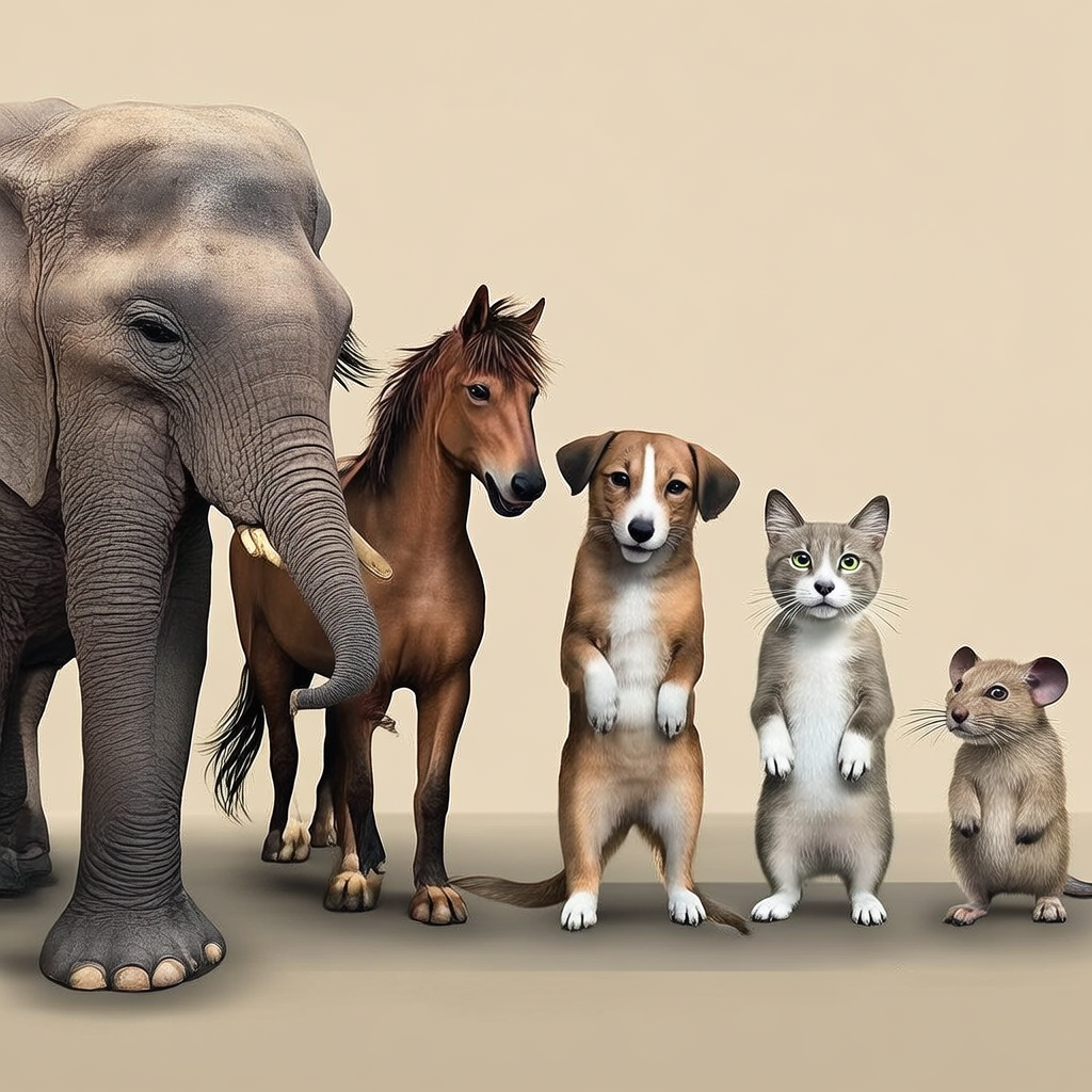 A group photo of an elephant, a horse, a dog, a cat, and a m