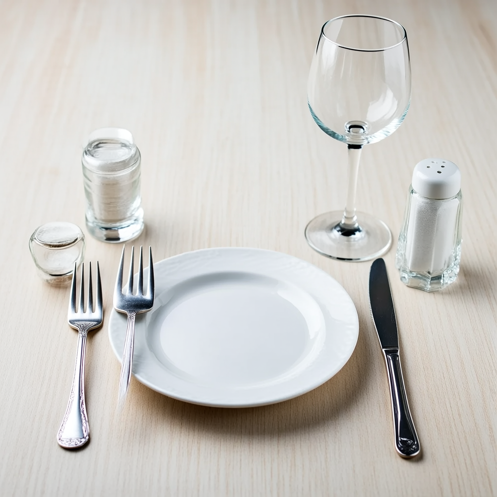 A dinner table scene with a plate, fork, knife, wine glass, 