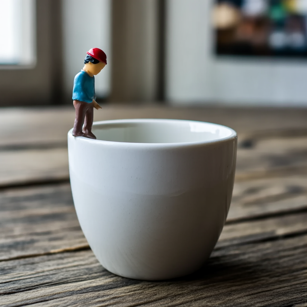 A tiny person standing on the rim of a coffee cup, looking d