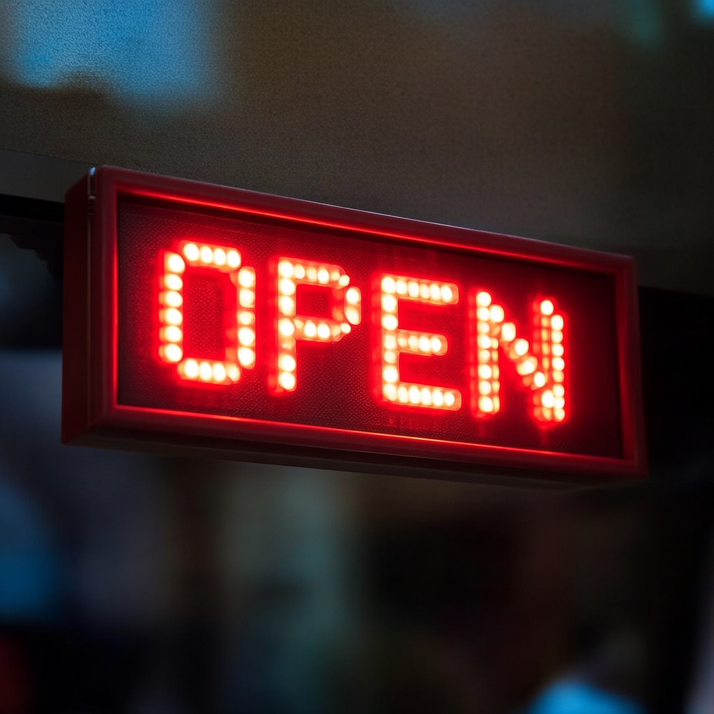 The word 'OPEN' displayed on a red LED sign with glowing pix